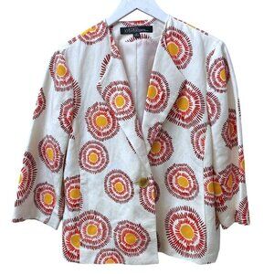 KASPER Linen Blend Blazer Size 12 Starburst Print 3/4 Sleeve Womens Jacket